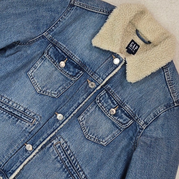 GAP Jackets & Blazers - Gap Denim Sherpa Trucker Jacket Women's L Medium Wash Faux Shearling Lined